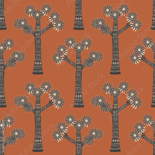 Doodle patterned Joshua tree seamless pattern. Yucca plant ornamented in tribal indigenous style, desert symbol of American southwest. Vector hand drawn illustration.