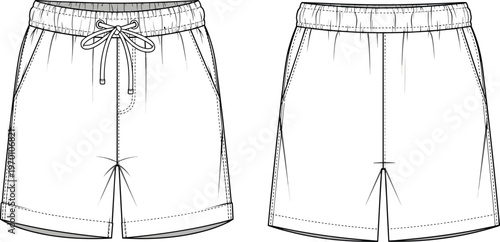 Minimalist athletic shorts front and back view vector illustration casual drawstring shorts mockup template isolated clothing apparel design