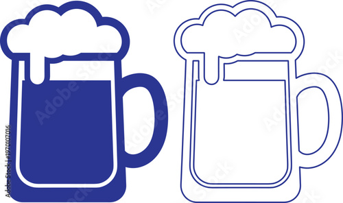 Blue beer mug icon with foam, and a white outline version for drinks and pubs