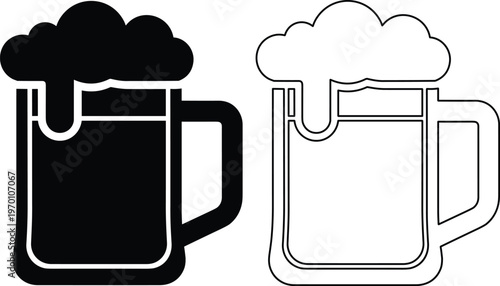 Pair of beer mugs, one solid black silhouette, one outline icon, foam and lager