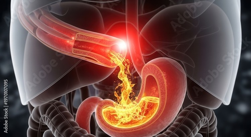 Detailed 3D medical illustration of acid reflux in the human digestive system, showing stomach acid flowing back into the esophagus causing burning sensation.
