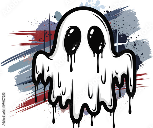 White Ghost Dripping with Black Eyes on Red Blue Background
