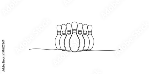 Continuous line drawing of ten bowling pins standing in a triangular formation tenpins game recreation