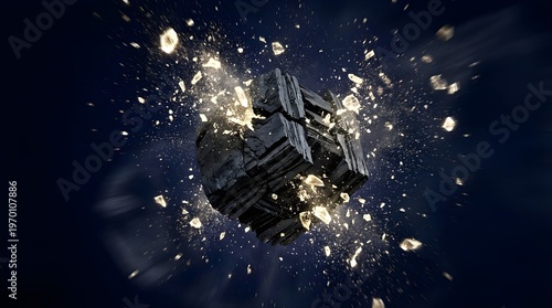Tension and release visualization, compressed dark forms exploding into golden light fragments