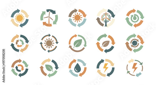 Renewable Energy and Environmental Sustainability Icons Set with Circular Arrows