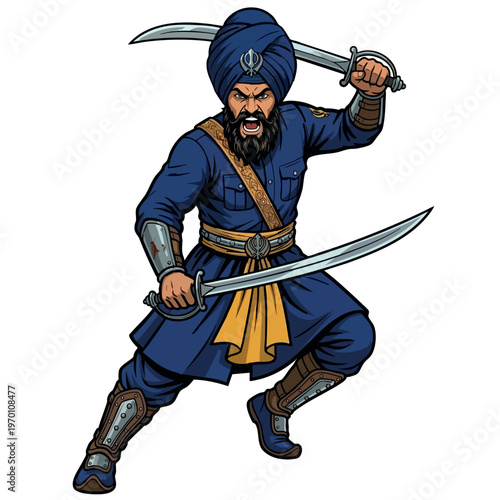 Brave Sikh Warrior Attacking with Two Swords