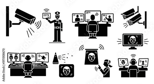 CCTV Security Surveillance Silhouette Scene Monitoring System Vector Isolated on White