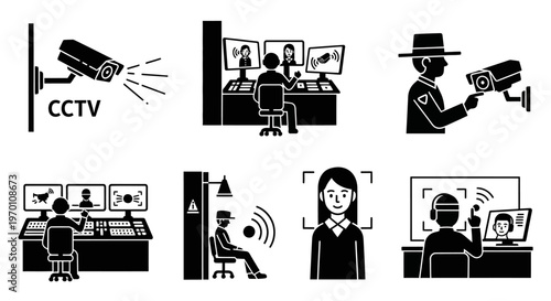 CCTV Security Surveillance Silhouette Scene Monitoring System Vector Isolated on White