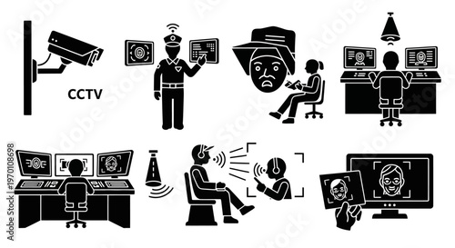 CCTV Security Surveillance Silhouette Scene Monitoring System Vector Isolated on White