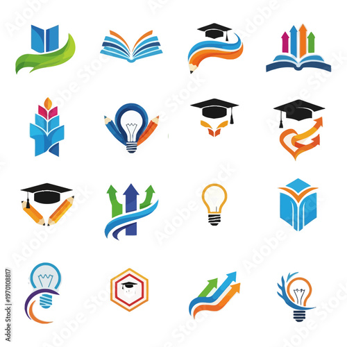 Collection of Education and Learning Logos with Books and Graduation Caps.