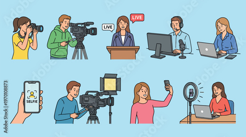 Diverse group of media professionals, capturing moments and broadcasting news, each individual contributing their expertise