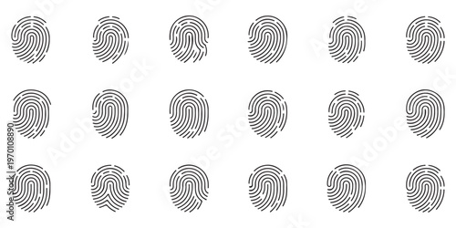 Set of black fingerprint icons for biometric security and identification