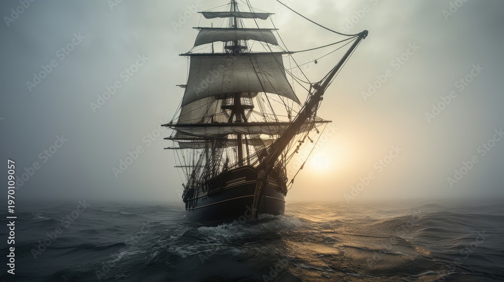 Fototapeta premium A front view of the hull of a 100-foot brigantine ship on rough sea