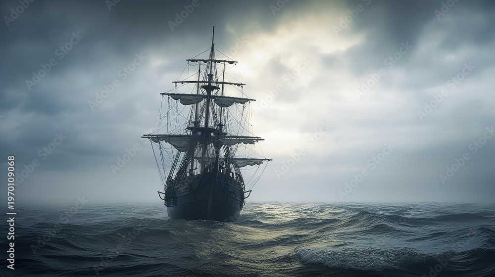 Fototapeta premium A front view of the hull of a 100-foot brigantine ship on rough sea