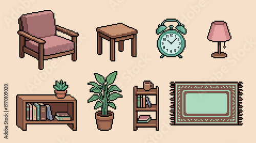 A collection of cozy room furniture elements with pixel art style. The scene consists of a chair, table, alarm clock, lamp, bookcase, plant, rug 