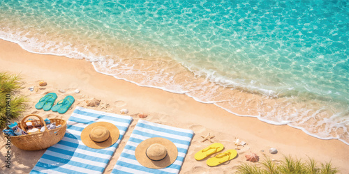 Flip flops resting on sandy beach by the ocean under a sunny summer sky
