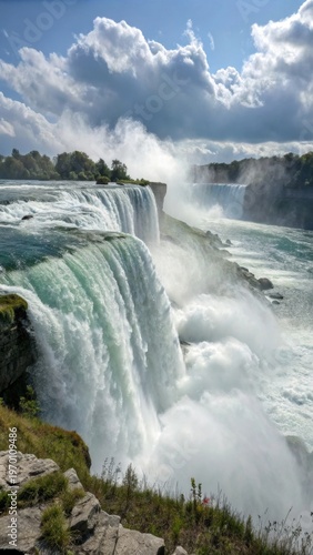 Roaring waterfall cascade iceland nature photography misty environment dramatic viewpoint evoking fresh ozone and thunderous sound
