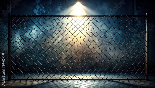 Chain Link Fence with Spotlight at Night.