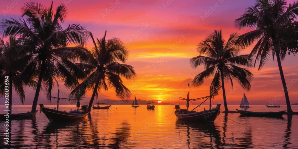 Obraz premium Tropical beach with palm trees and a beautiful sunset over the ocean sky