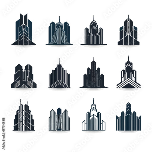 Collection of Modern City Skyscrapers and Urban Architecture Icons.