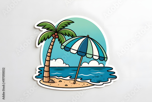 Bright cartoon beach landscape sticker. Excellent for summer, vacation and travel collections.