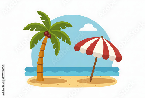 Bright cartoon beach landscape sticker. Excellent for summer, vacation and travel collections.