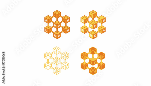 Four Hexagonal Cube Structures in Varying Shades of Orange and Yellow.