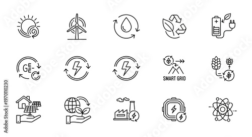 Renewable Energy and Sustainable Technology Line Icons Set for Eco Solutions