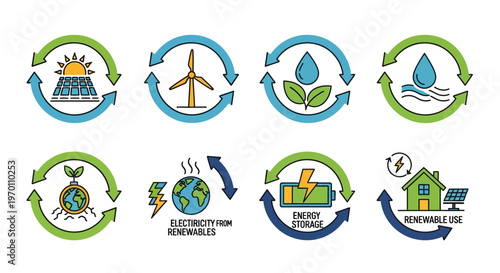 Renewable Energy Icons Set - Solar, Wind, Hydro Power and Sustainable Electricity
