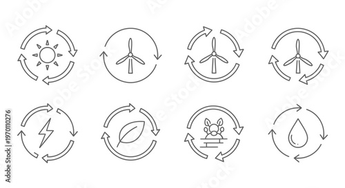 Renewable Energy Line Icons Set: Solar, Wind, Hydro, Green Power & Sustainable Technology