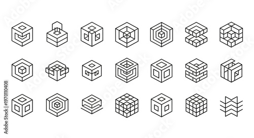 Set of Isometric Cube and Hexagon Line Icons.