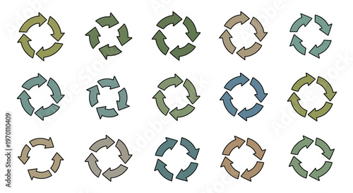 Set of Circular Arrows Icons Representing Cycle, Process, Refresh, and Rotation