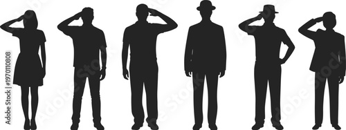 People silhouettes saluting vector illustration set, men and women figures in different poses isolated on white background for design use