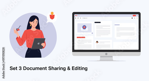 Woman working on digital document sharing and editing on computer.