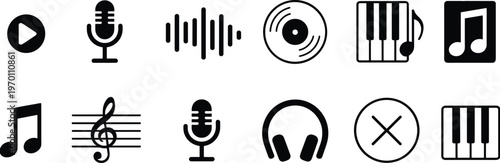 Music icons set vector illustration, audio symbols collection including microphone, headphones, piano, notes and sound wave isolated on white background