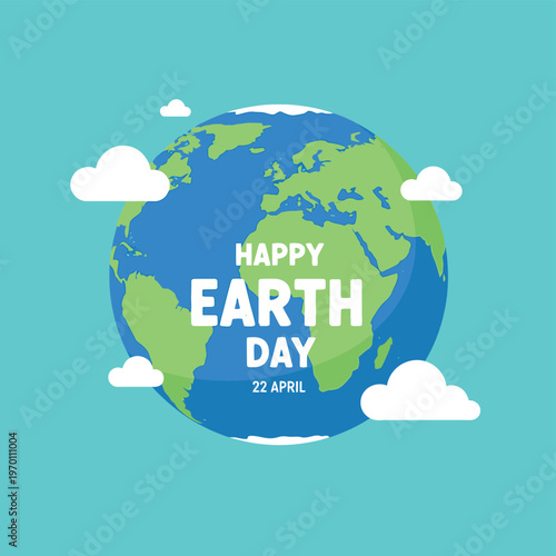Happy Earth Day celebration with globe and clouds in the sky