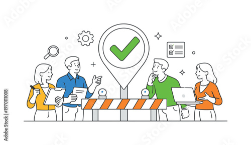 A structured progress validation scenario where a team confirms that completed work meets defined standards before moving forward, built around a