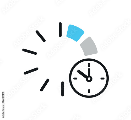 Loading delay and waiting state in digital applications during processing tasks, a simple circular spinner combined with a small clock representing
