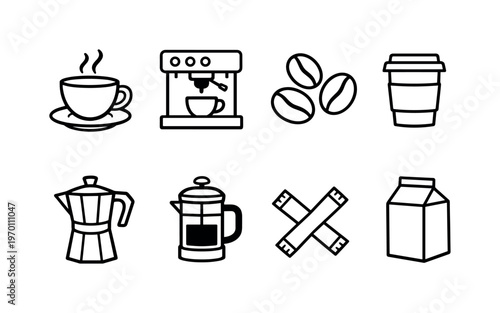 Coffee and cafe essentials: coffee cup, espresso machine, coffee beans, takeaway cup, moka pot, french press, sugar packet, milk carton