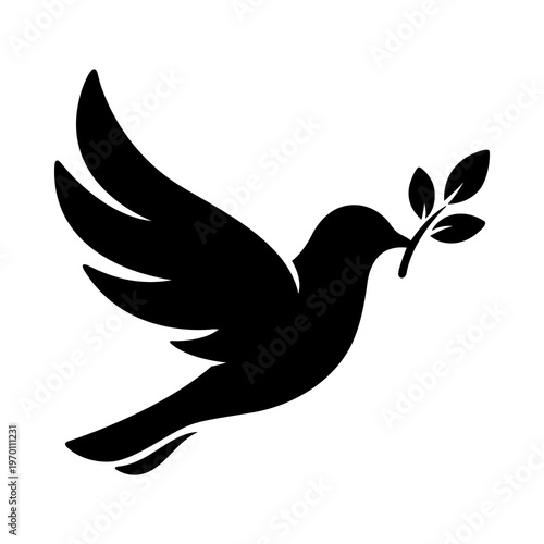 Dove Silhouette with Olive Branch Black Illustration for Peace Symbol, Freedom Concept, Unity Theme and Minimal Bird Graphic
