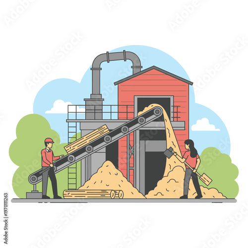 Wood processing plant with workers and conveyor belt.