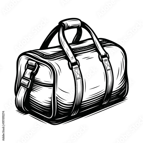Travel Duffel Bag Black and White Illustration for Luggage Design, Adventure Trip Gear and Vacation Packing Graphic Art