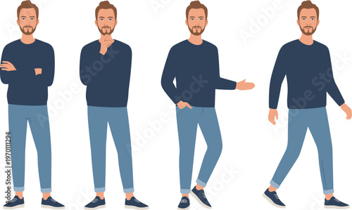 Set of casual man character poses standing gestures collection isolated vector illustration modern male person different expressions body language concept