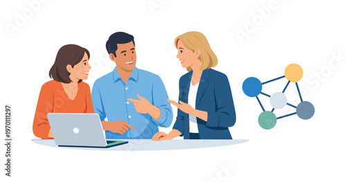 A team reinforcing shared workflow clarity during a collaborative coordination session, gathered near a laptop while interacting with a simple aligned