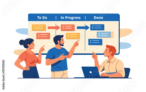 Wide horizontal editorial illustration of three coworkers gathered around a large floating kanban board covered in colorful task cards and progress