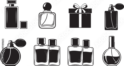 Fragrance Bottles: Elegant silhouettes of various perfume bottles, presenting a collection of scents and gifts, ready to evoke senses and add an element of luxury.