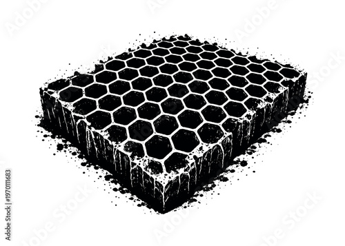 A cracked honeycomb slab shown in close-up, viewed from slightly above so the hexagonal cells form a dense repeating pattern filling most of the frame