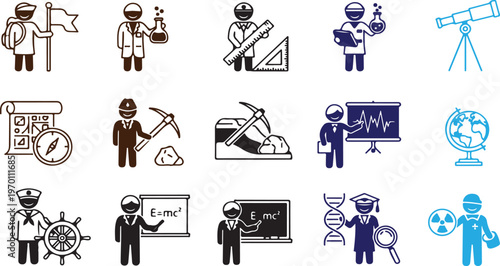 Icons of Visionaries: A collection of diverse professionals, each representing a unique field of expertise, united by a shared dedication to knowledge, innovation, and advancement.