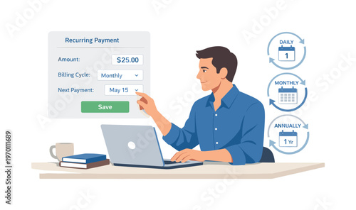 A professional organizing a structured subscription management workflow during a focused work session, sitting at a desk with a laptop while adjusting