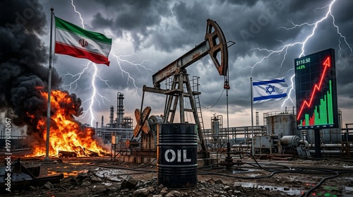 Oil Price Surge Amid Iran–Israel Conflict, Industrial Refinery Explosion and Global Energy Crisis Concept”
